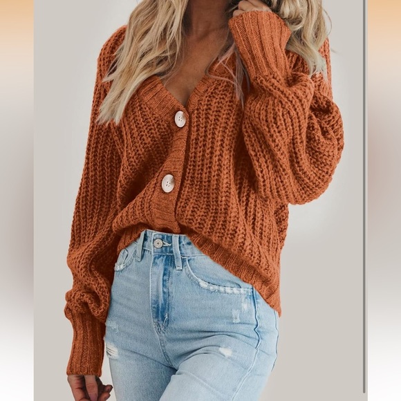 Fashion Nova Sweaters - Oversized V-Neck Button Cardigan Sweater - Rust Orange